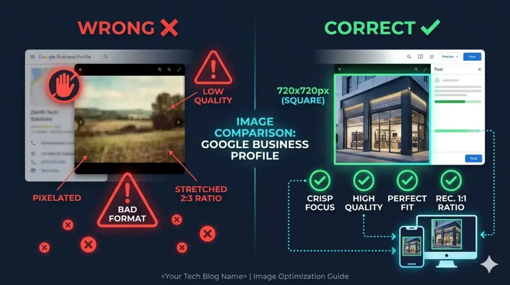Comparison of correct 720x720px square GMB photo versus wrong blurry stretched Google Business Profile image